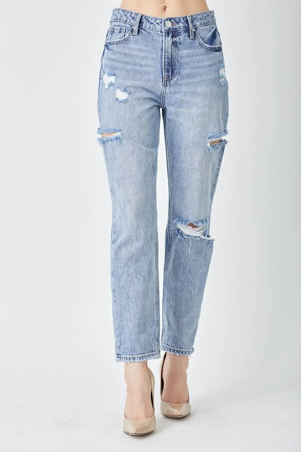 Contoured Distressed Denim Jeans