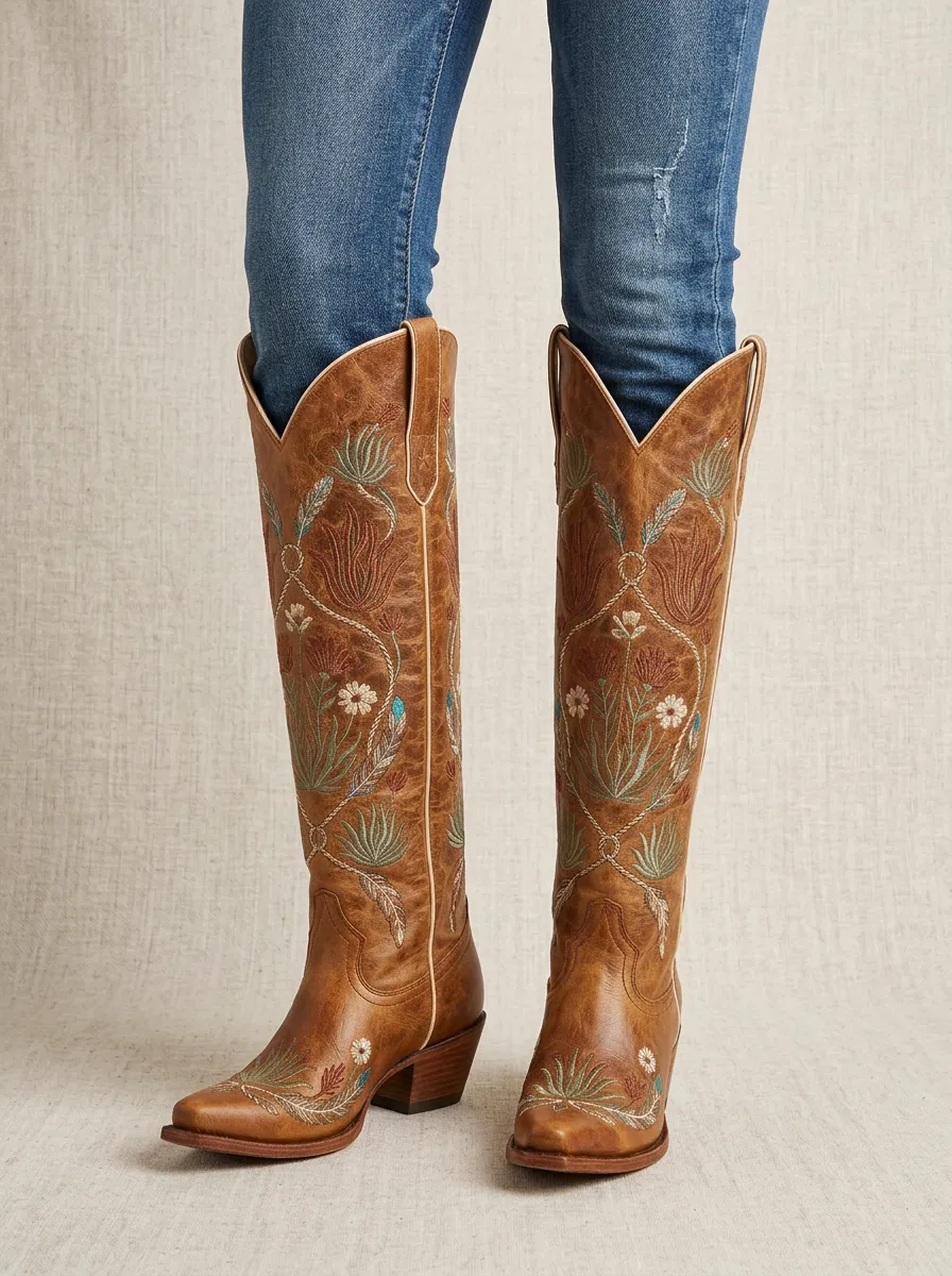 Women's Western Floral Wing Embroidered Piped Pointed-Toe Block-Heel Denim Over-the-Knee Boots