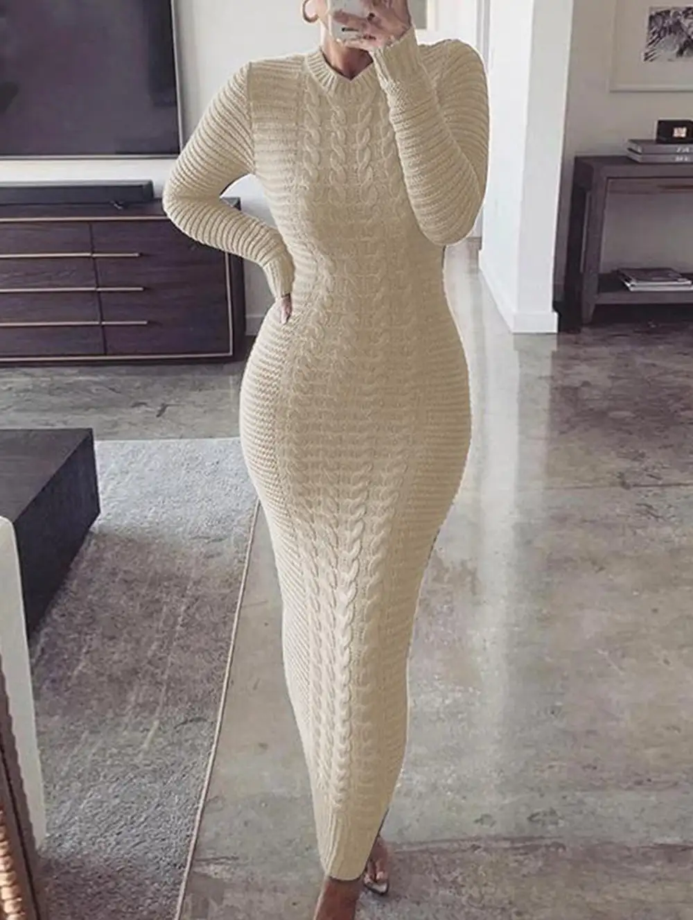 Cable Knit Long-Sleeved Wool Dress