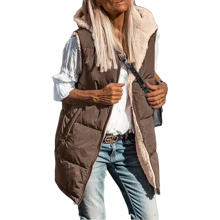 Women's military green double-faced fleece vest with pockets and a hood, long zip-up coat