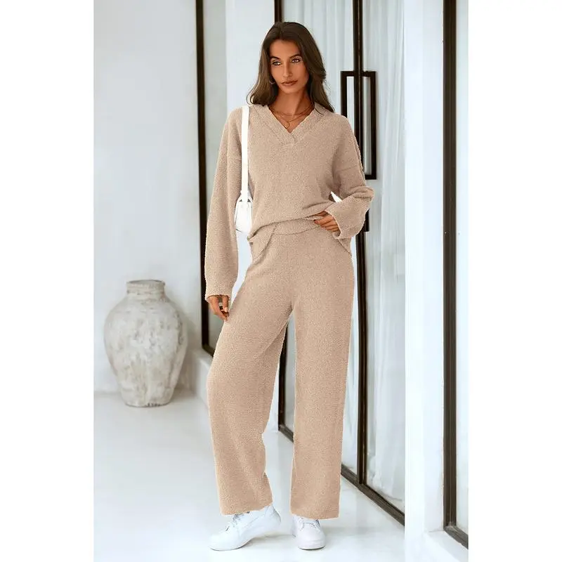 Women's 2-Piece Lounge Set Soft Chunky V Neck Tops& Wide Leg Long