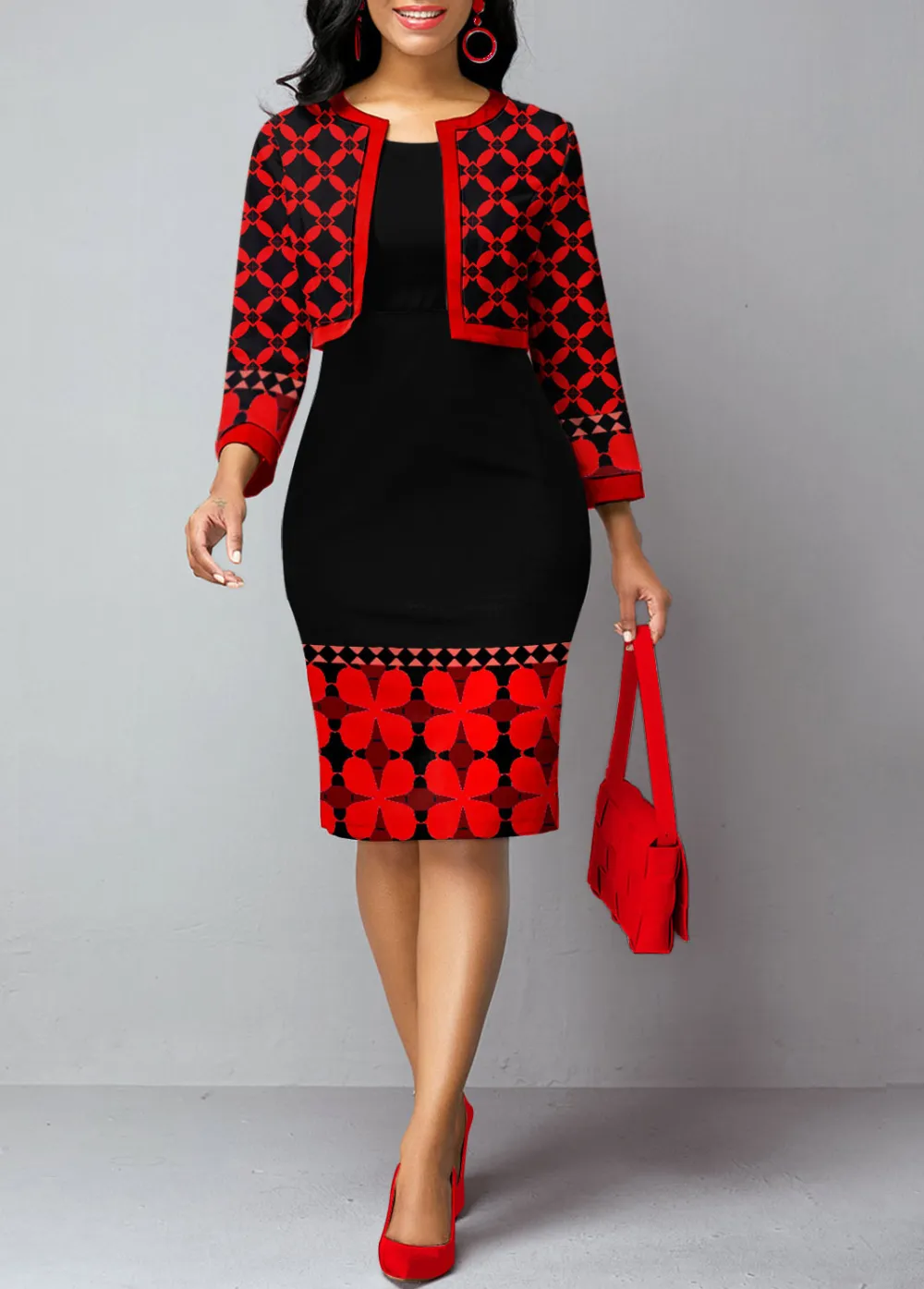 Open Front Tribal Print Cardigan and Sheath Dress