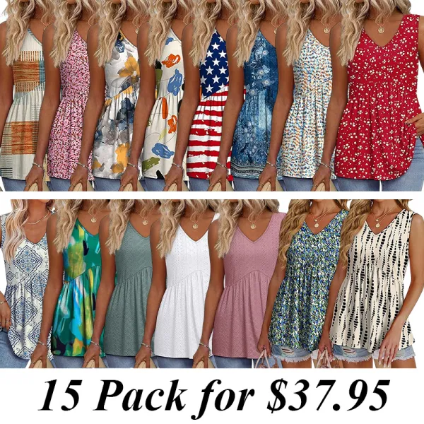 15-PACK Womens Tank Tops 2025 Flowy Peplum Tops For Women Dressy Sleeveless V Neck Babydoll Tank Tops