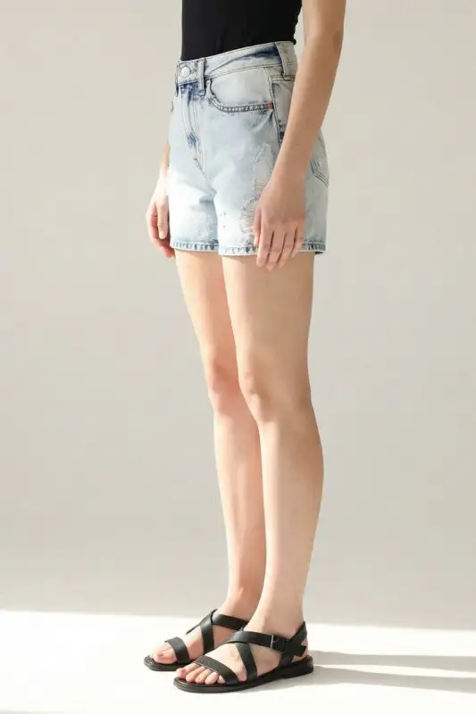 High Rise Distressed Stretch Denim Shorts
