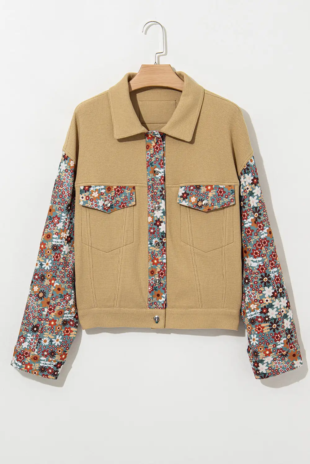 Waffle Knit Floral Print Patchwork Button-Up Jacket