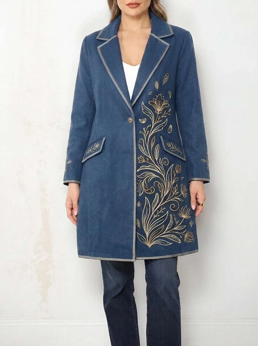 Women's Floral Art Gold Botanical Printed Long Coat