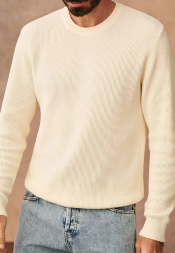 Cream Ribbed Knit Crew Neck Casual Sweater
