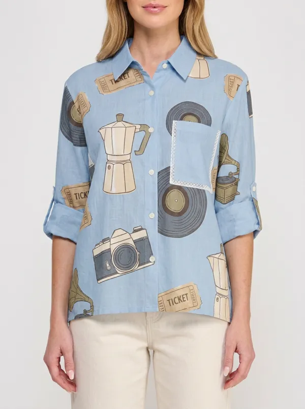 Women's Vintage Hobby Camera Vinyl Coffee Printed Button-up Shirt