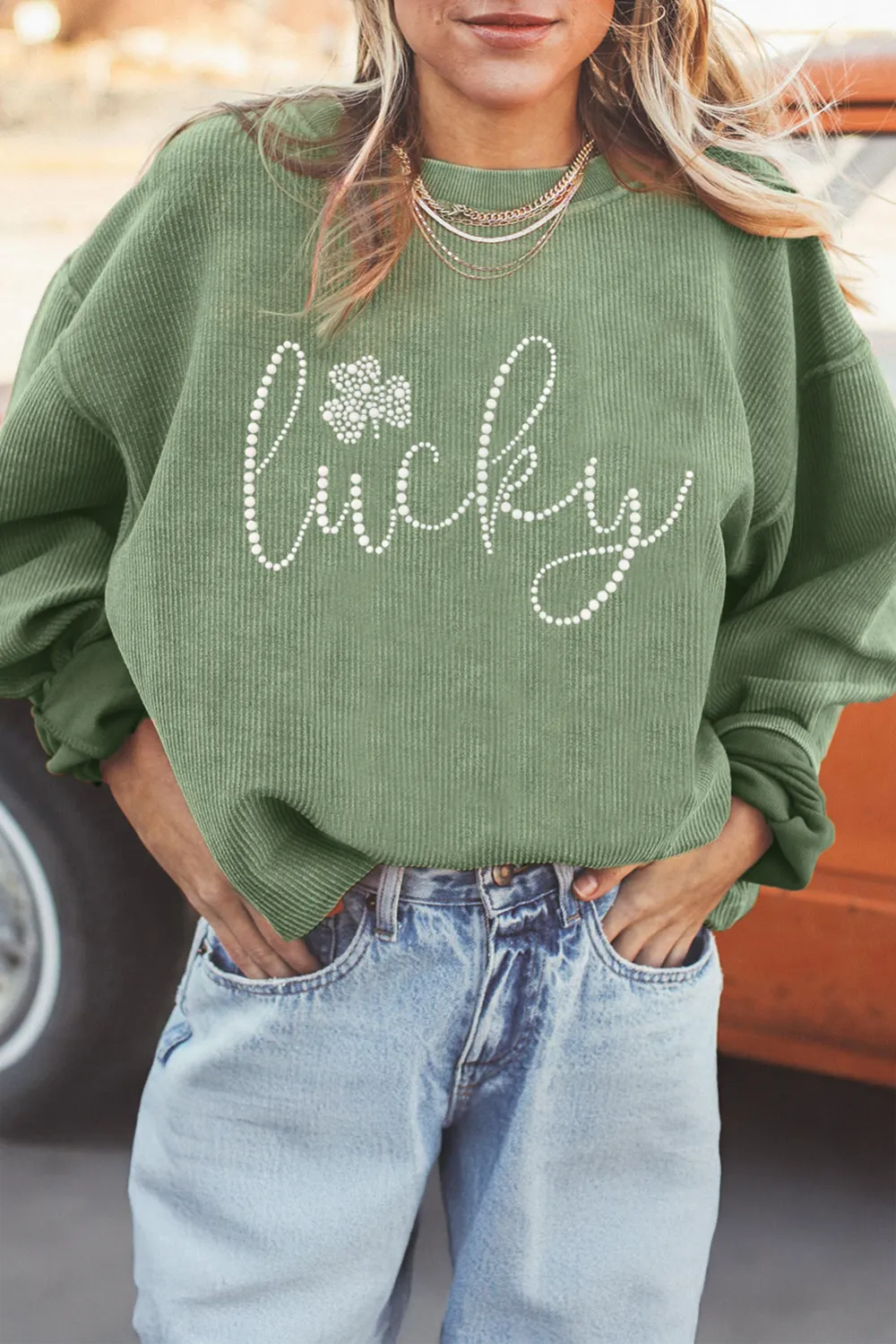 Rhinestone Accent Ribbed Graphic Sweatshirt