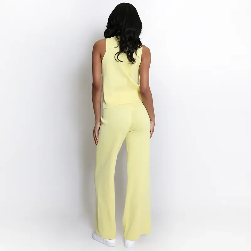 Women's Elegant V Neck Gold-Toned Button Decor Tank Top & Wide Leg Trousers Co-ord