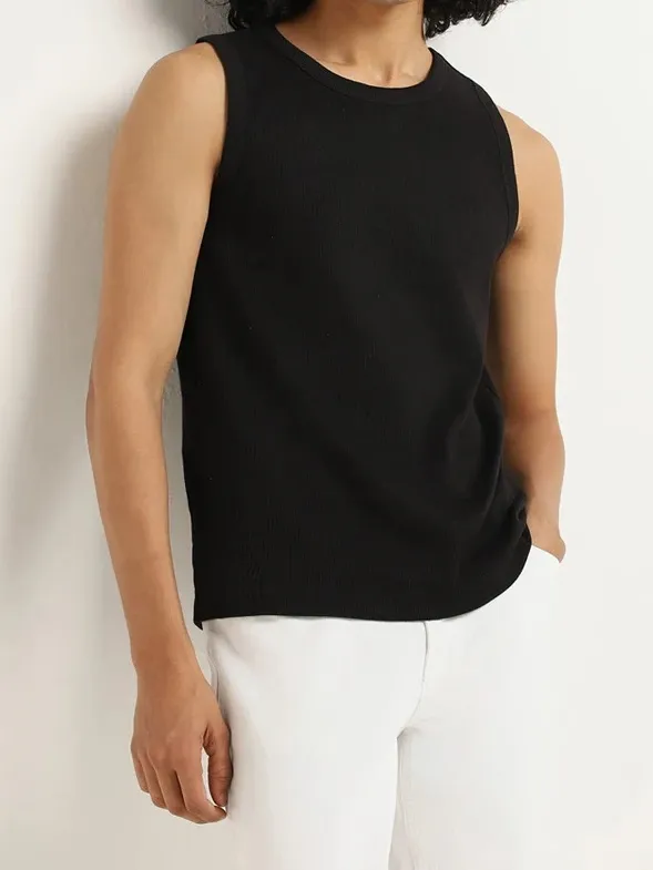 Black Ribbed Slim Fit Cotton-Blend Tank Tops