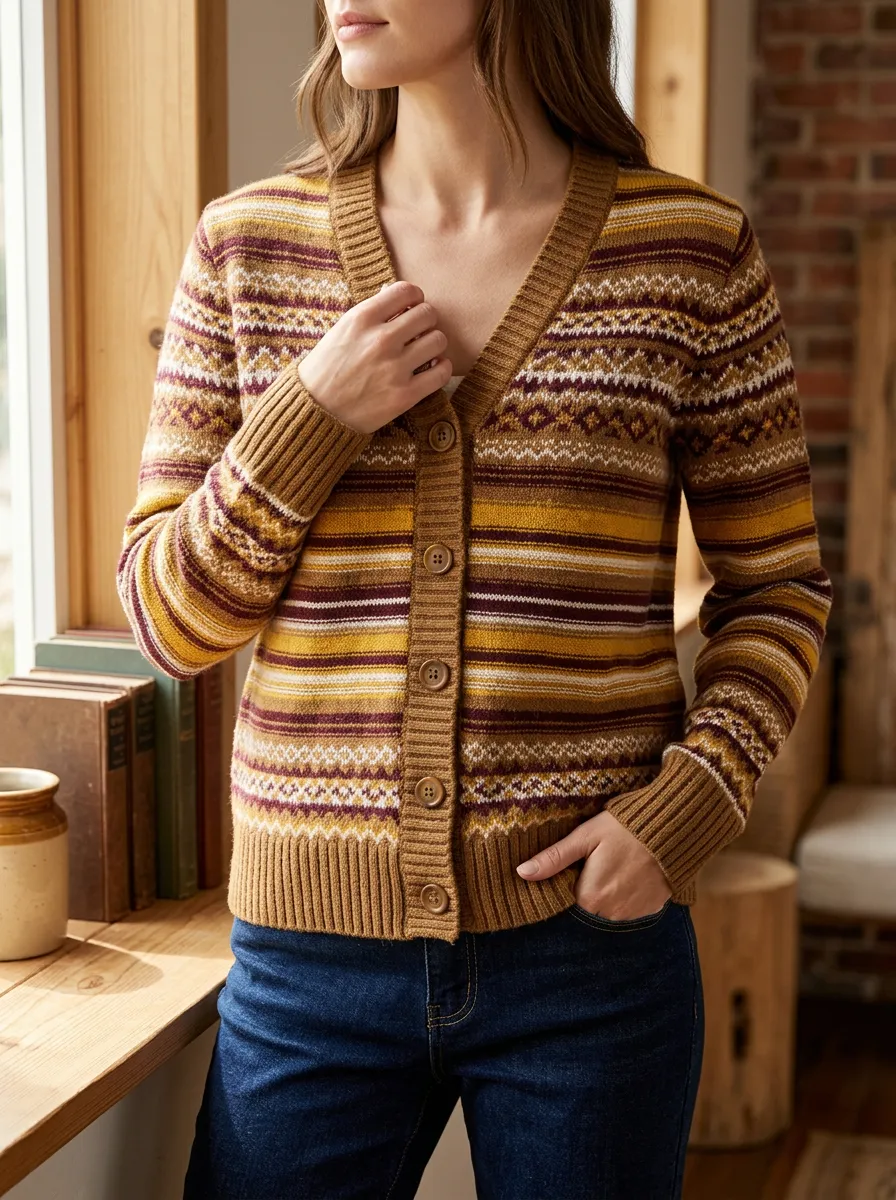 Women's Vintage Style Fair Isle Striped Pattern Printed Cardigan