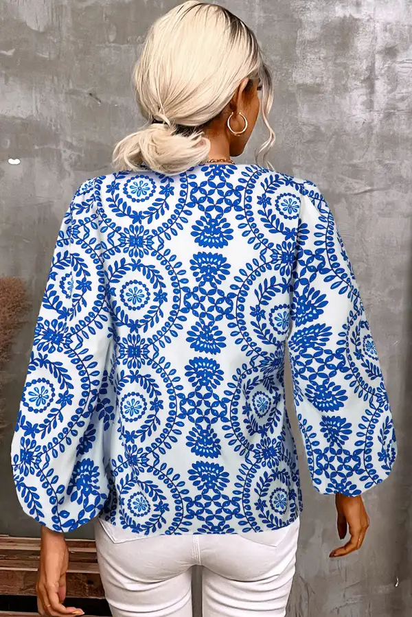 Floral Geometric Print V-Neck Shirt Blouse