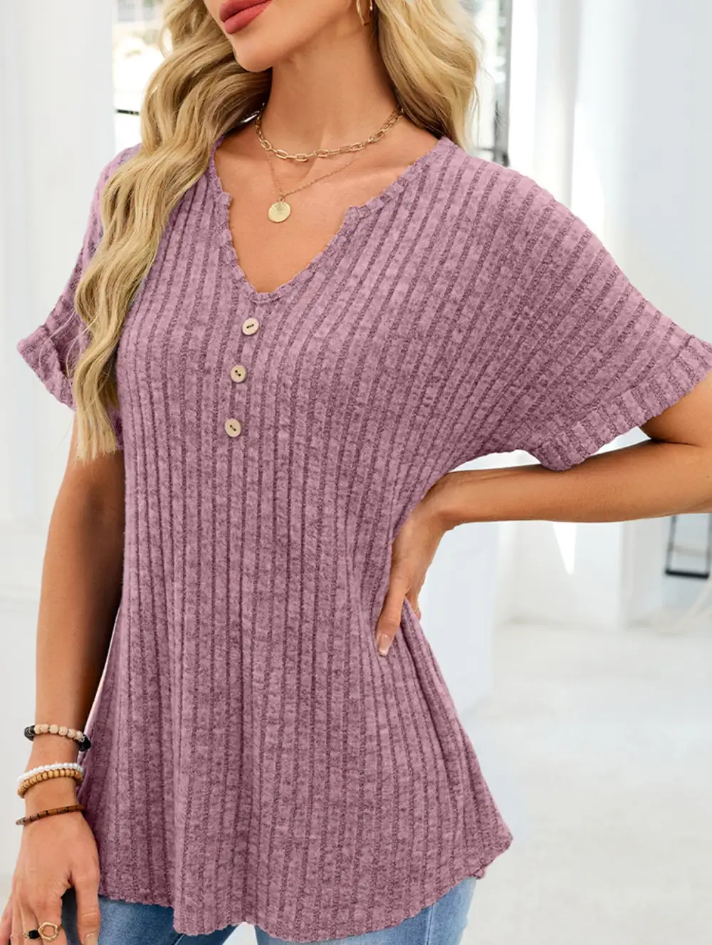 V Neck Button Front Loose Ribbed Tee