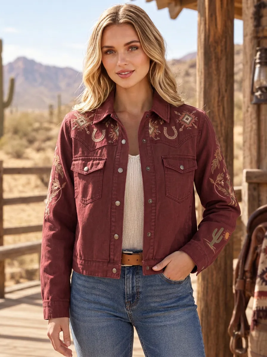Women's Classic Western Cowboy Horseshoe Horse Cactus Embroidered Jacket