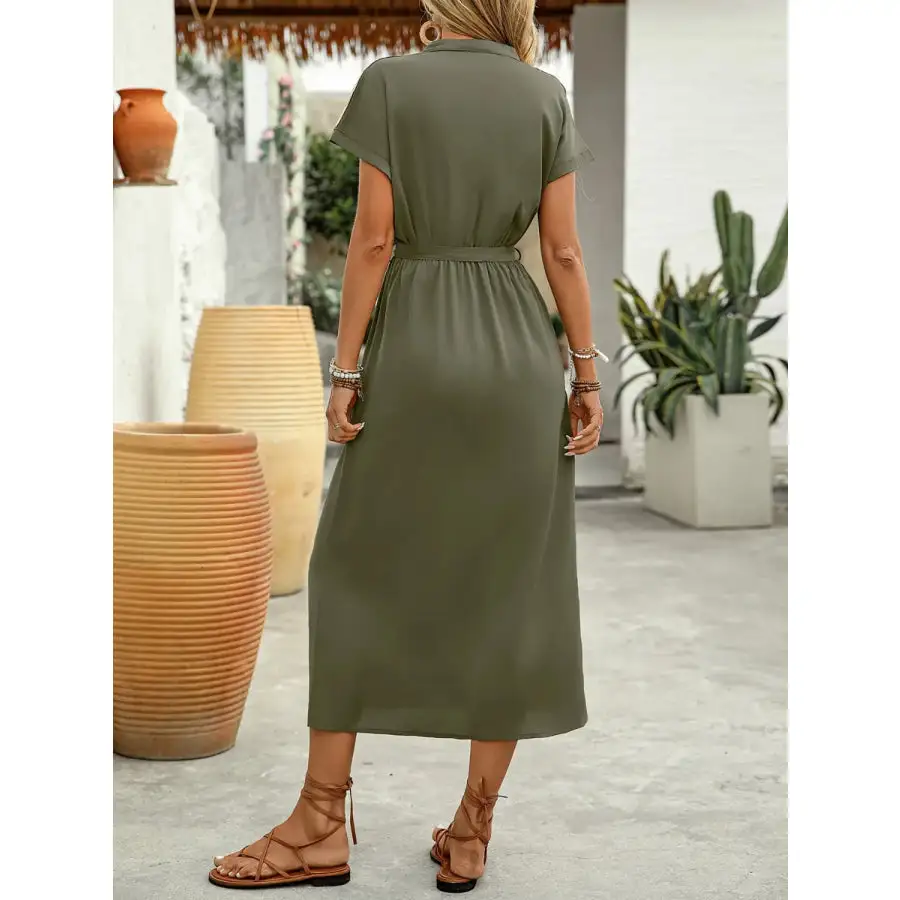 Sequin Notched Short Sleeve Midi Dress