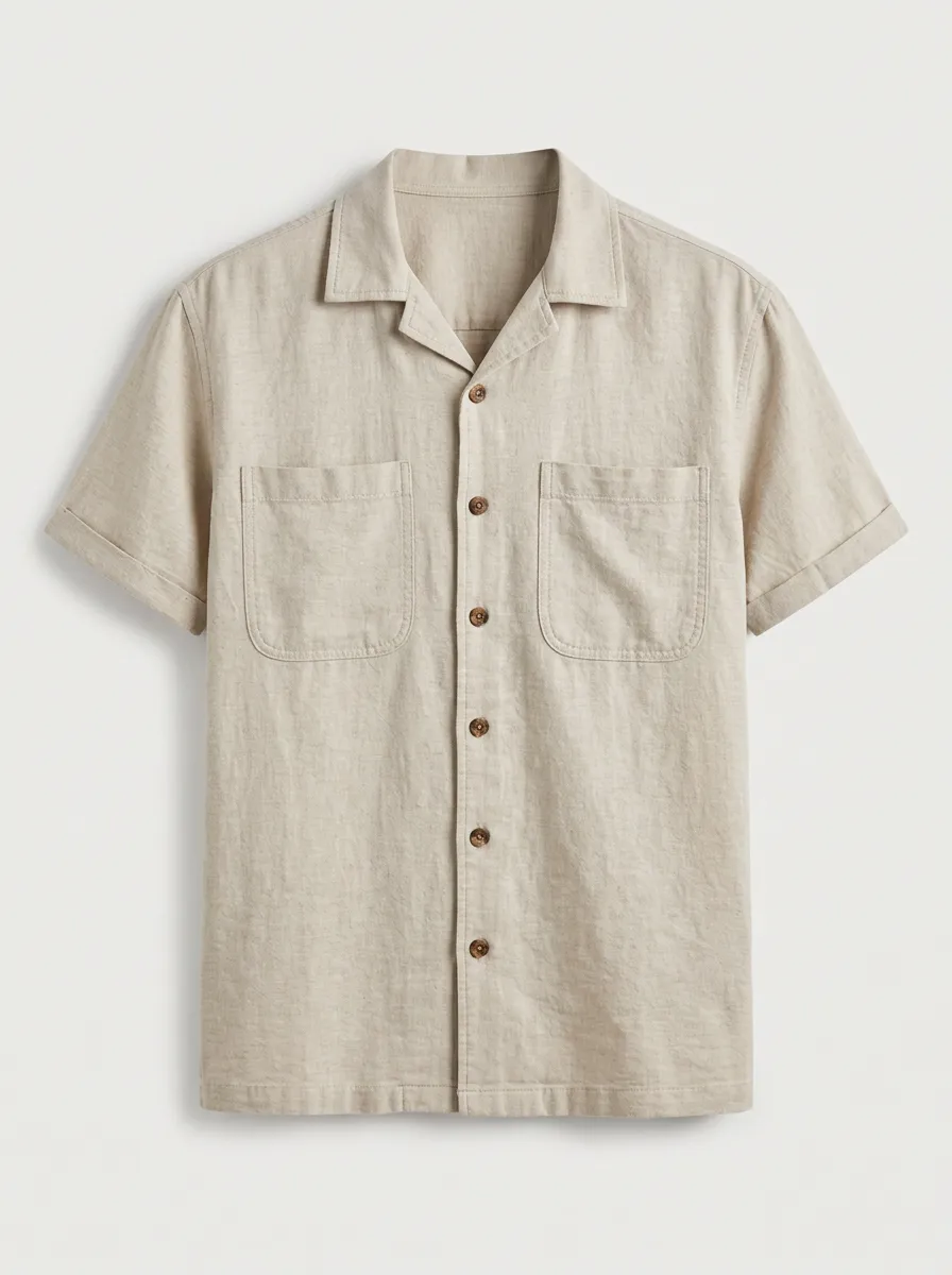 Men's Beige Camp Collar Short Sleeve Shirt - Design A