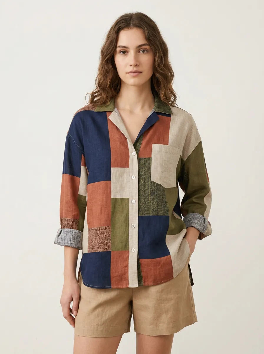 Women's Casual Fashion Patchwork Colorblock Printed Shirt