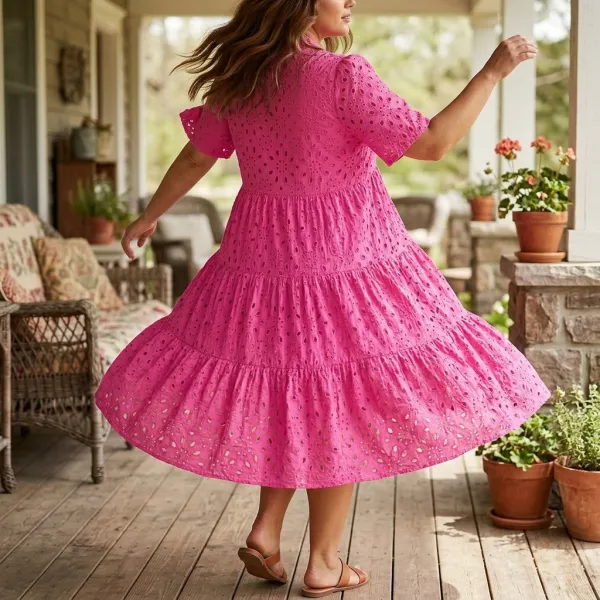 V Neck Flowy Eyelet Midi Dress