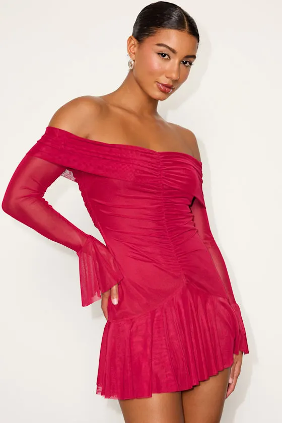 Milith Red Mesh Off-the-Shoulder Mini Dress