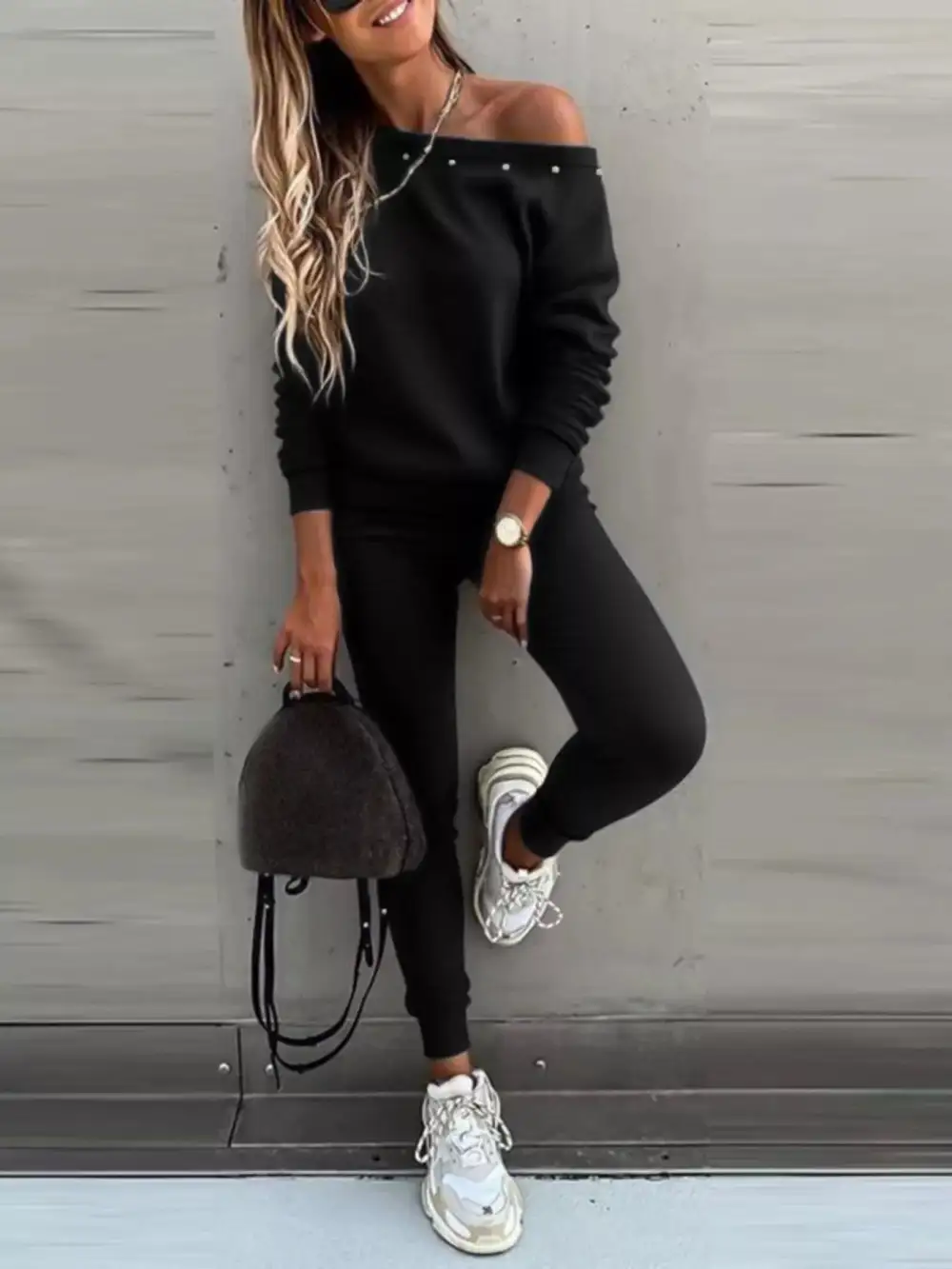 One Shoulder Pearl Embellished Top and Pants Set