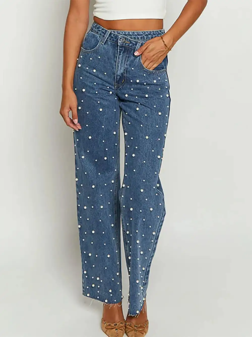 Pearl Embellished High Waist Straight Leg Denim Jeans