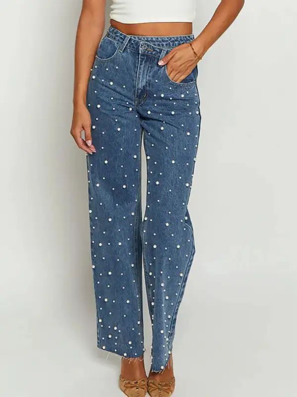 Pearl Embellished High Waist Straight Leg Denim Jeans