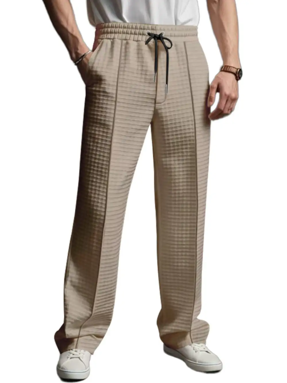 Men's Full Size Textured Drawstring Casual Pants Plus