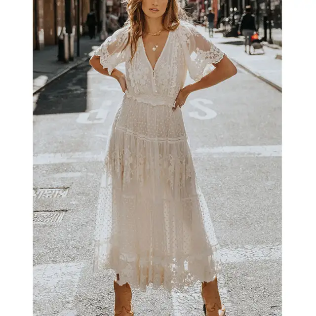 Boho White Solid Short Sleeve Lace Maxi Dress