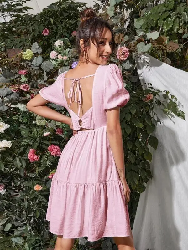 Women Tie Back O-ring Detail Puff Sleeve Ruffle Hem Dress