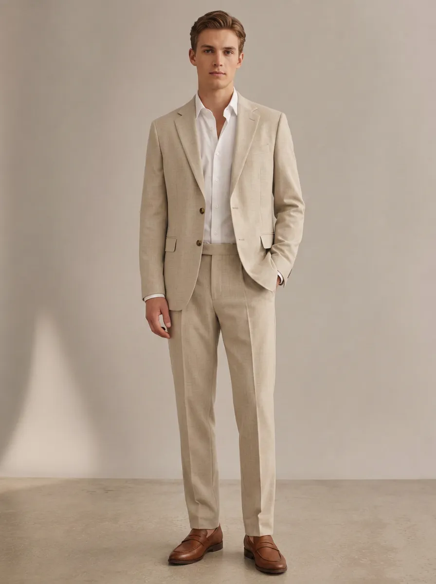Men's Formal Business Casual Beige Linen Two-Piece Suit
