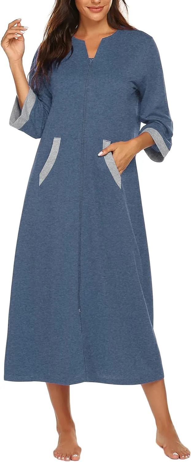 50% OFF Women Zipper Robe 3/4 Sleeves Loungewear Dress Full Length Sleepwear Pockets Housecoat Nightgown Long Bathrobe