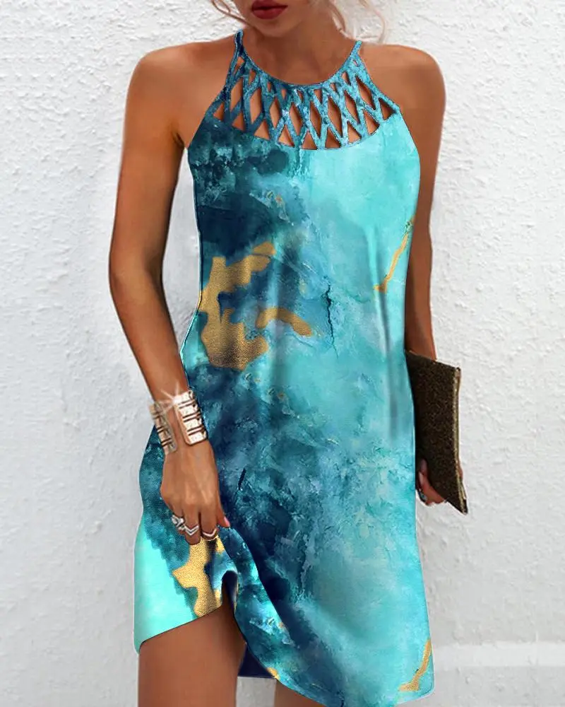 Marble Print Hollow Out Sleeveless Casual Dress