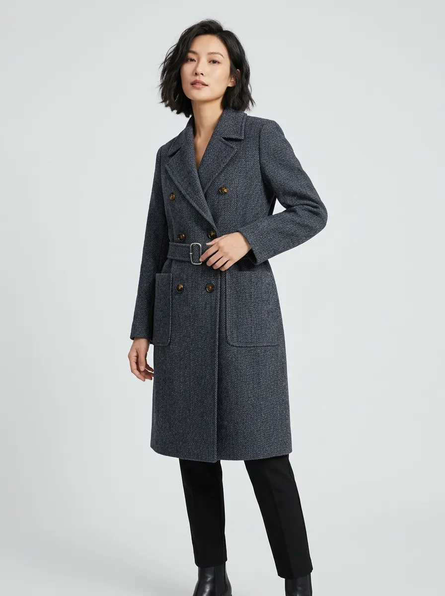 Women's Willow Classic Herringbone Pattern Double-Breasted Belted Coat