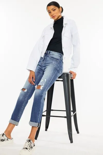 Versatile High Waist Straight Leg Distressed Denim Jeans