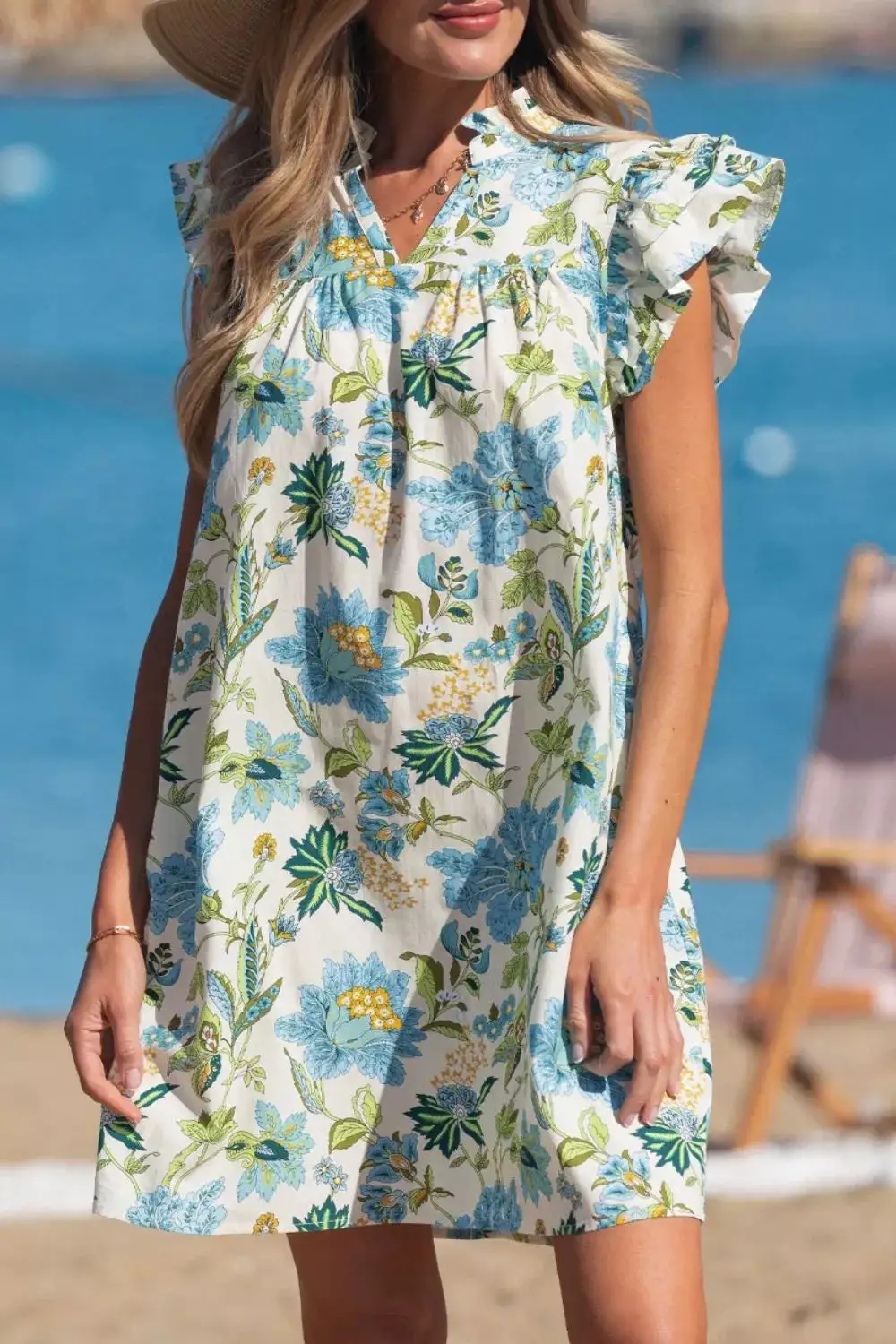 Floral Printed V Neck Mini Dress
