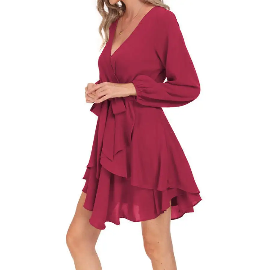 Tied Surplice Balloon Sleeve Layered Dress
