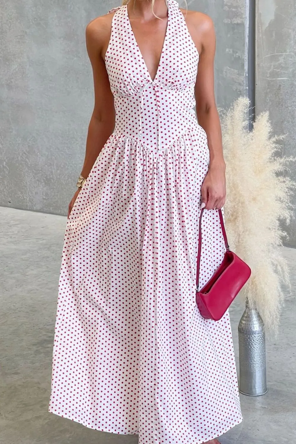Backless Polka Dot Halter Neck Maxi Dress