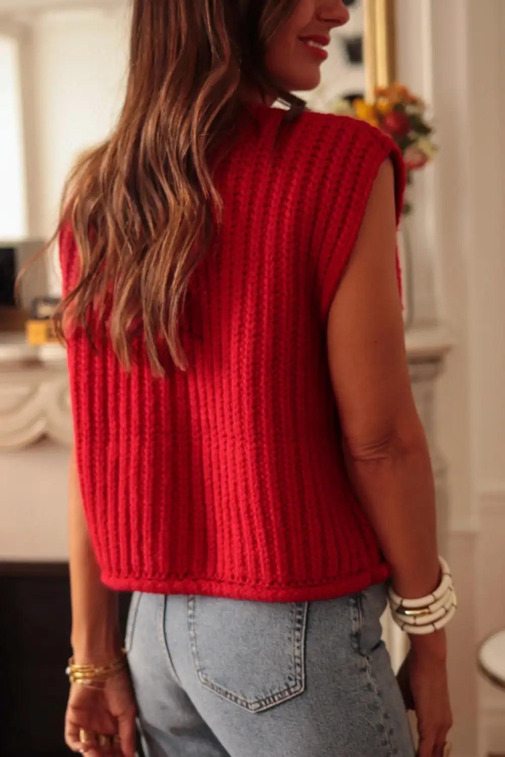 Textured Knit Side Pocket Button Sweater Vest
