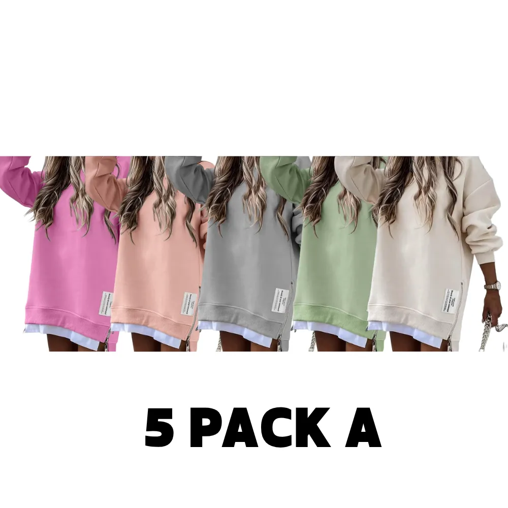 Womens Long Sleeve Pullover Sweatshirt Zipper Slit Casual Dress