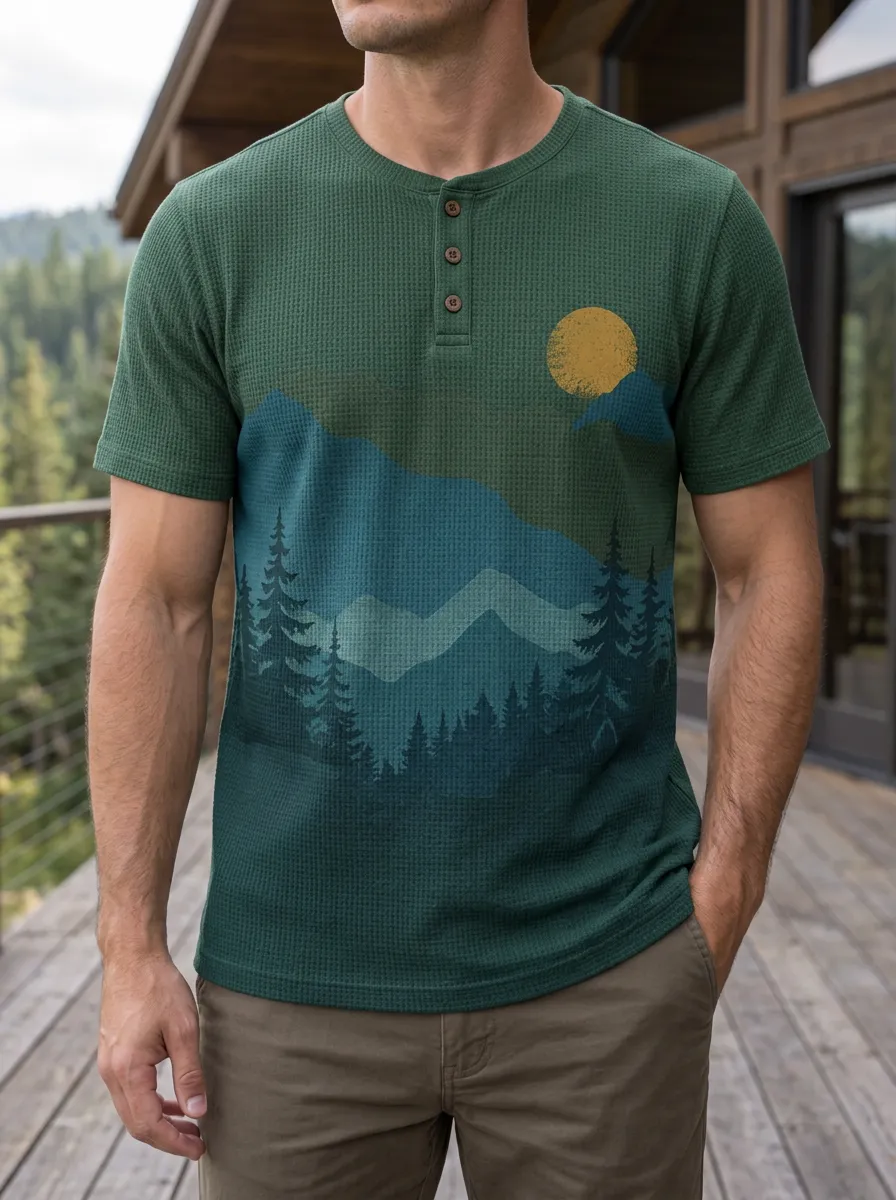 Men's Classic Nature Lover Mountain Forest Sun Henley T-Shirt
