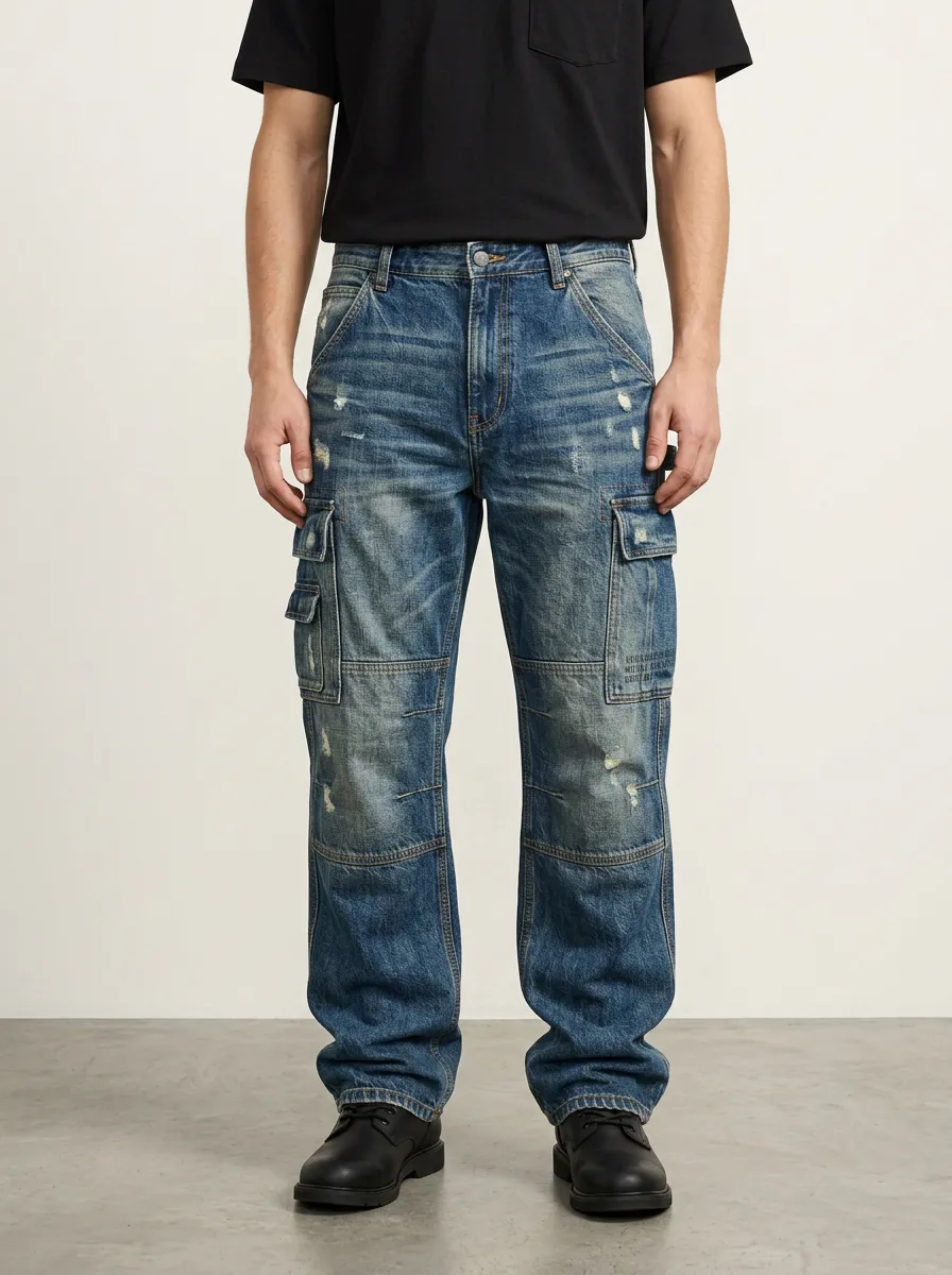 Men's Distressed Denim Cargo Pants Multi-Pocket Workwear Trousers