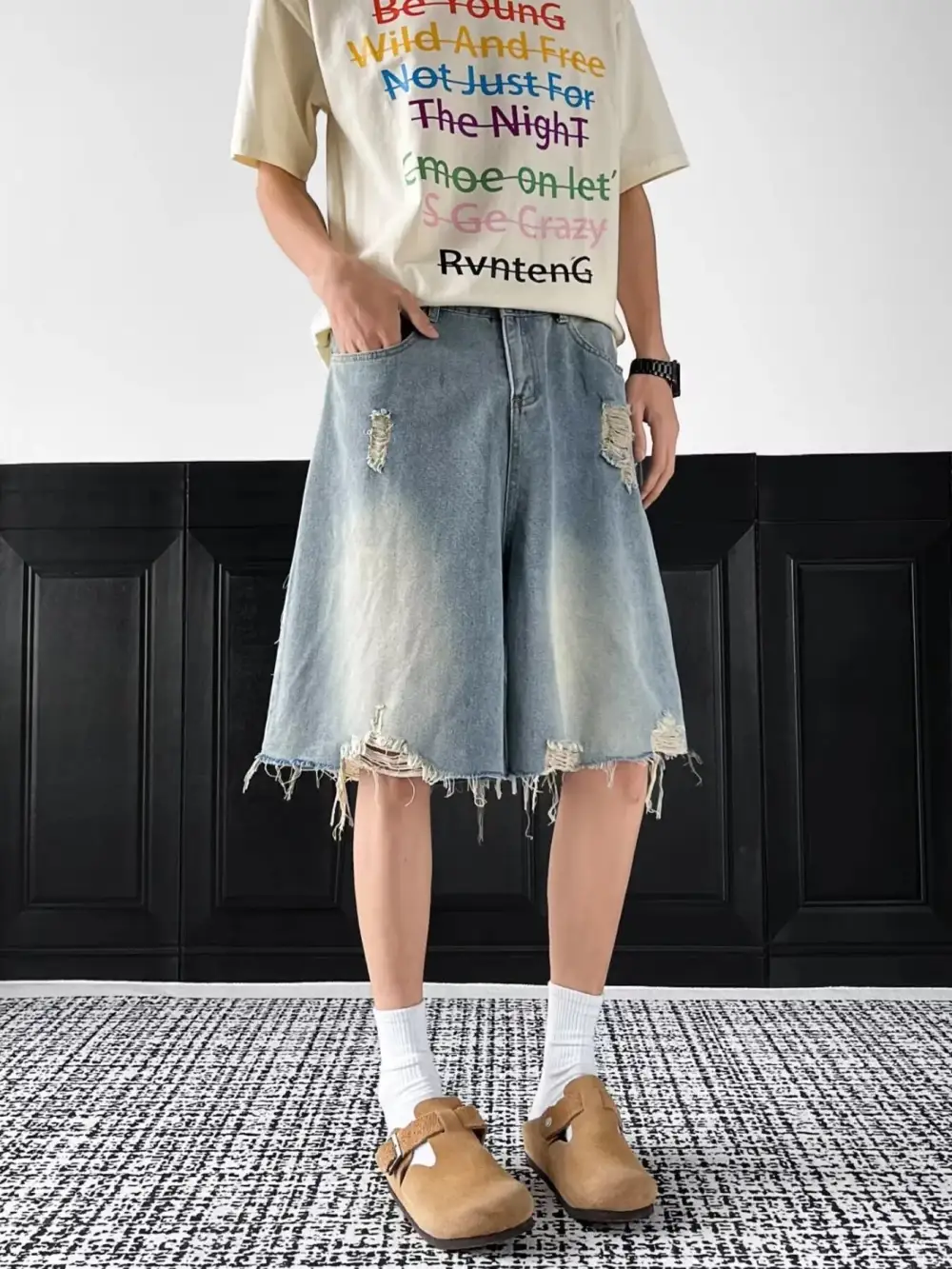 Men's Full Size Distressed Wide Leg Denim Shorts