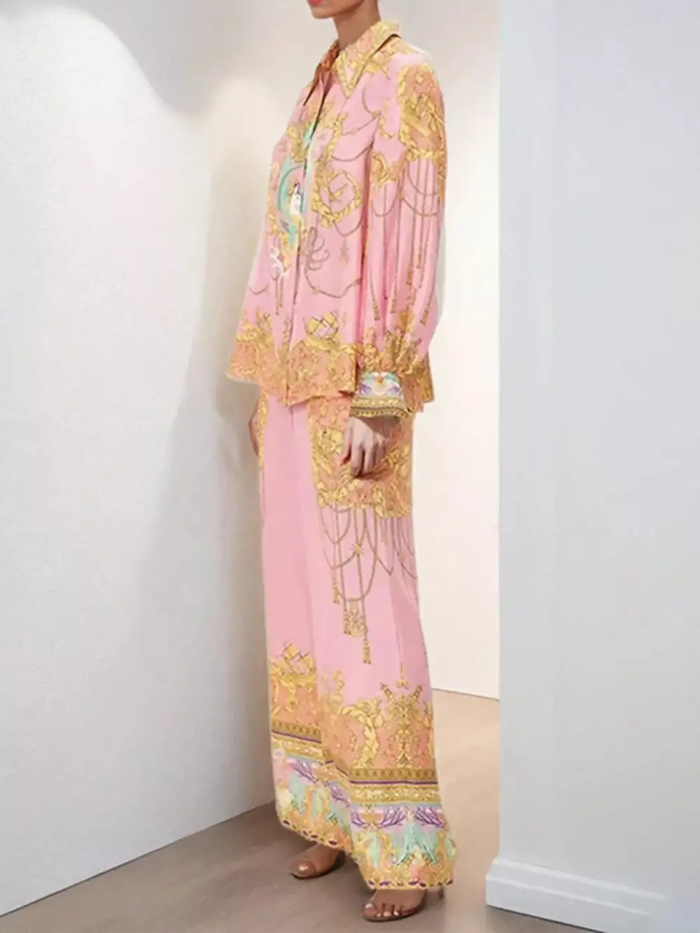 Printed Lantern Sleeve Top Pants Set