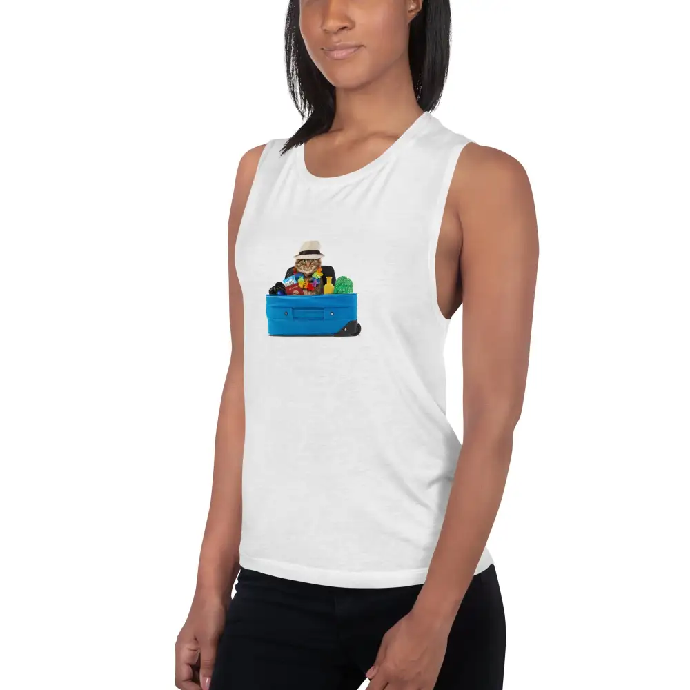Graphic Ladies Muscle Tank Cat Tourist Tank Top