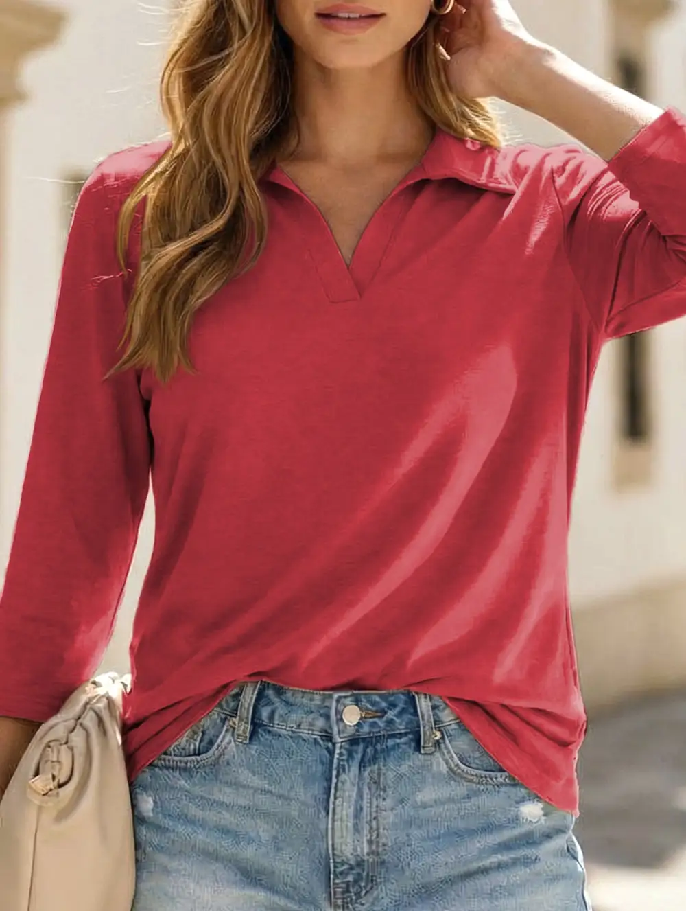 Polo Shirt V Neck Mid Sleeve Tee