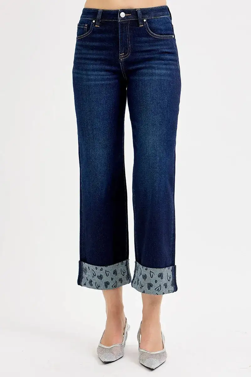 Everyday Mid Rise Cuffed Hem Wide Leg Jeans