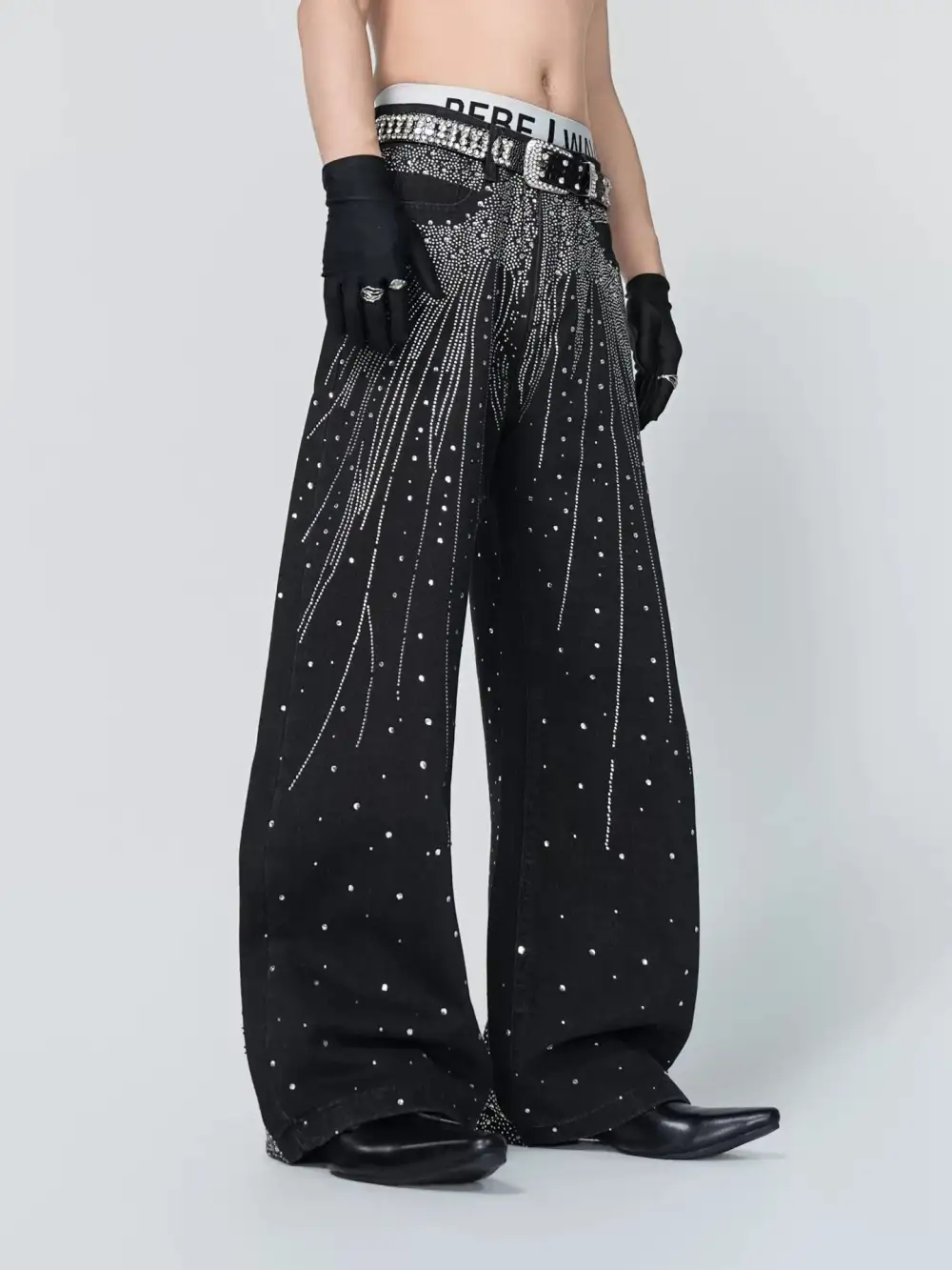 Wide-Leg Embellished Zip-Detail Jeans