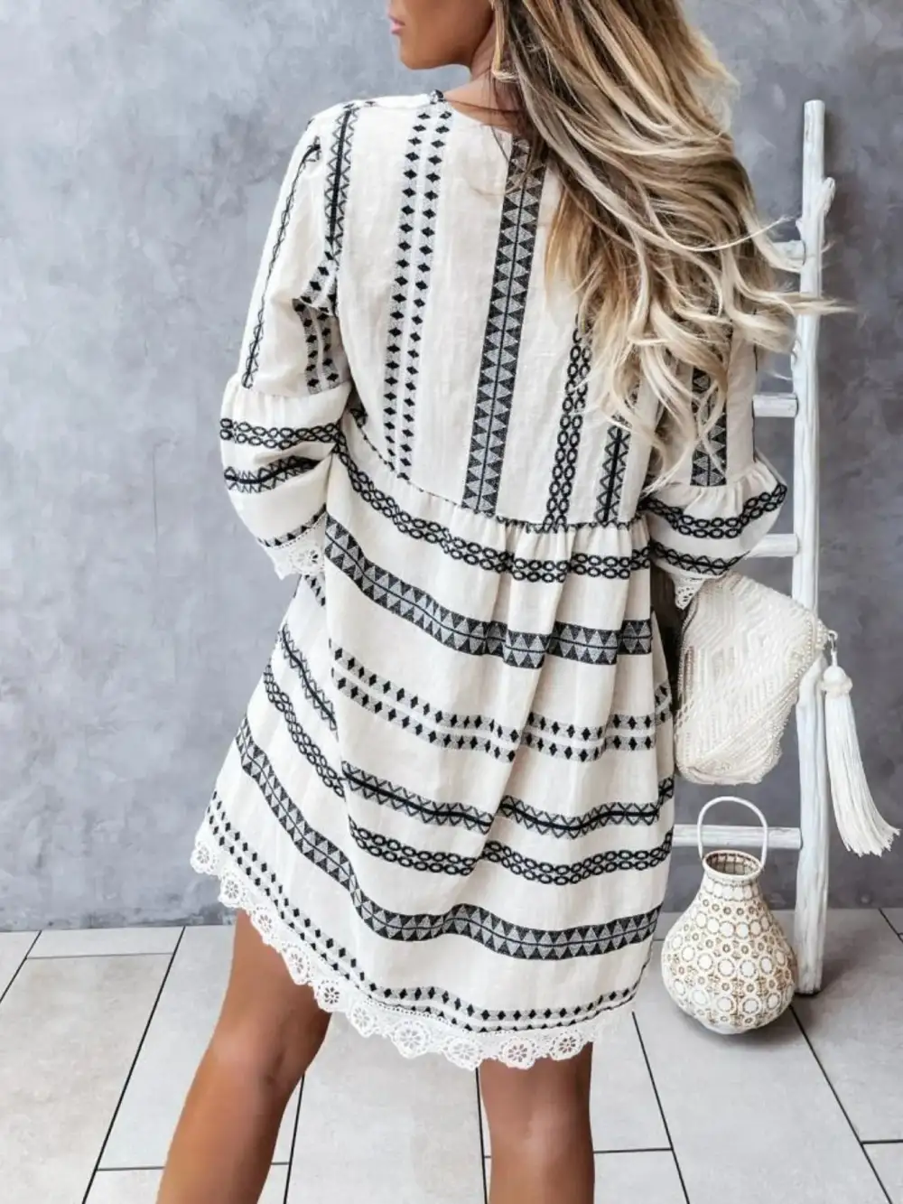 V-Neck Lace Trim Striped Midi Dress