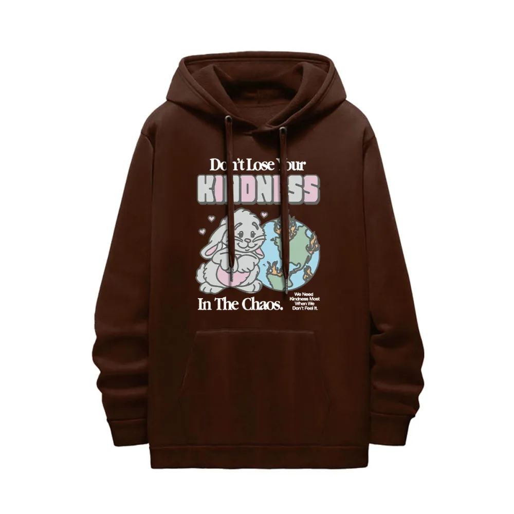 Bunny & Globe Graphic Black Hoodie with Kindness Slogan